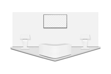 Wall Mural - Trade show booth display kit mock-up. Expo tradeshow set template. Backdrop banner with LCD LED monitor, floor touch screen digital kiosks, curved table counter stand. 3d vector mockup