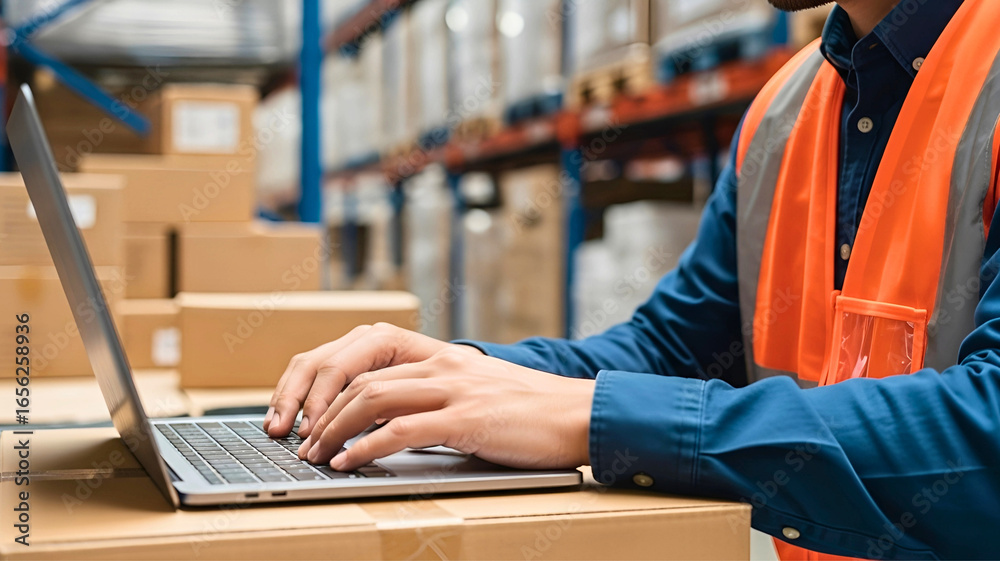 Warehouse Worker Using Laptop for Inventory Management in Distribution ...