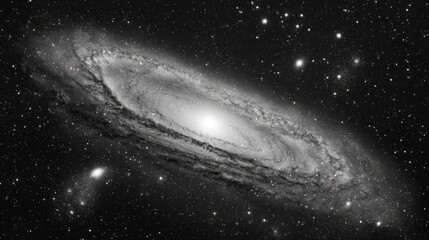 Wall Mural - a spiral galaxy is depicted in a black and white photograph, filled with numerous stars and set agai
