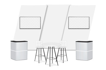 Wall Mural - Trade show booth display kit mock-up. Expo tradeshow set template. Backdrop banner with LCD monitor TV video panels, white table, chairs and exhibition counter stands. 3d vector mockup