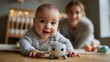© Justlight - Close medium shot of a softrobot tummy time coach with tactile textures in clear view the surrounding nursery softly blurred illustrating its calming interactive approach to