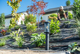 Gardener Working on a Landscaped Hill With Vibrant Plants Under Clear Sky