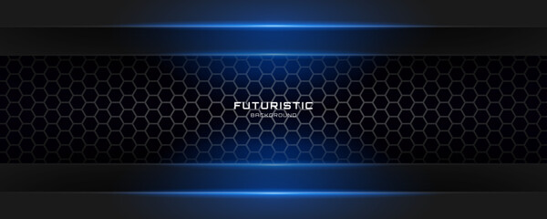 Wall Mural - 3d black techno abstract background overlap layer on dark space with glowing blue effect decoration.
