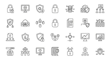 Collection of digital security and data protection icons in a clean, modern line art style
