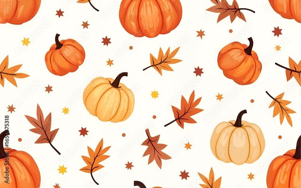 Seamless pattern of pumpkins and autumn leaves in cozy watercolor style ...