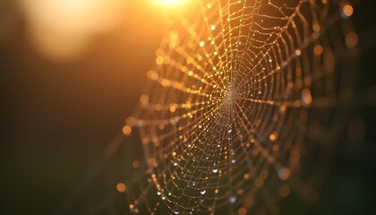 macro photography of dew drops on spiderweb at golden hour, bokeh background, hyperdetailed
