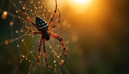 macro photography of dew drops on spiderweb at golden hour, bokeh background, hyperdetailed