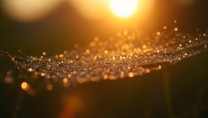 macro photography of dew drops on spiderweb at golden hour, bokeh background, hyperdetailed