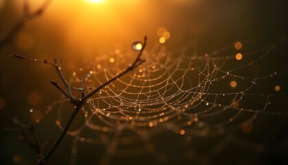 macro photography of dew drops on spiderweb at golden hour, bokeh background, hyperdetailed