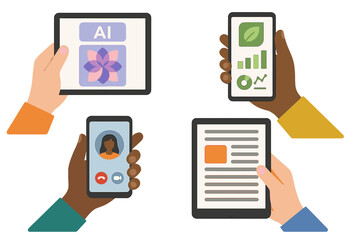 People using digital devices for communication and information