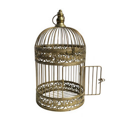 Ornate antique decorative metal birdcage with filigree details and an open door, isolated on transparent background