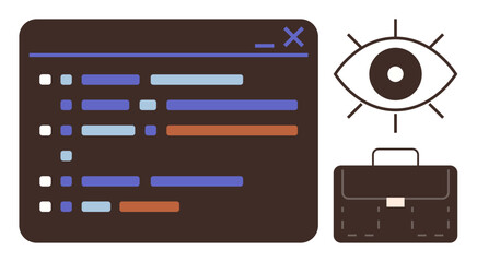 Coding interface with colorful lines, an observing eye, and a briefcase. Ideal for data management, cybersecurity, software development, business strategy, analysis, professionalism simple flat