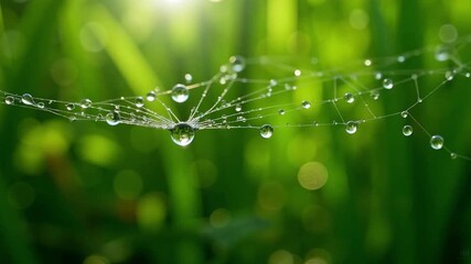 Glistening dew drops on delicate spiderweb dance in gentle morning breeze, lush blurred foliage creates serene nature backdrop. 4k video footage