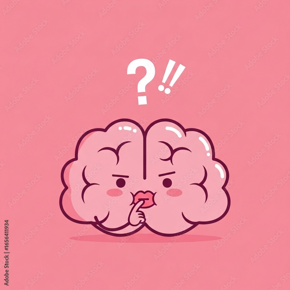 Cartoon brain thinking with question mark and exclamation points on ...