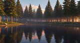 夕暮れの針葉樹林と静寂の湖