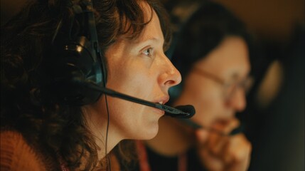 Medium shot of interpreters focused face as they read script via monitor headset mic visible background booth equipment gently blurred.
