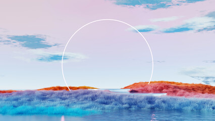Wall Mural - 3d render, minimal abstract glowing arch on colorful surreal island with water reflection
