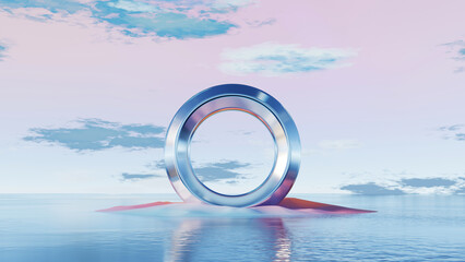 Wall Mural - 3d render, futuristic metallic ring sculpture on pastel island over calm water