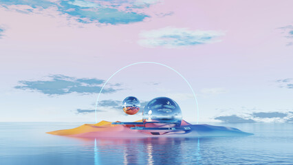Wall Mural - 3d render, floating glass spheres on pastel island with surreal reflections