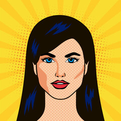 Wall Mural - Pop art style comic background with beautiful woman face. Vector illustration