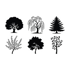 Collection of diverse tree silhouettes in black and white