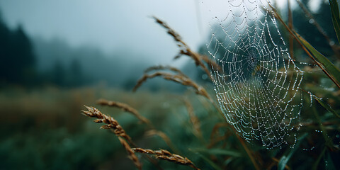 Morning Dew on Cobweb: A macro perspective of a delicate cobweb adorned with sparkling morning dew, catching the soft light against a backdrop of an atmospheric misty field.