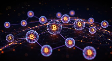 Wall Mural - Bitcoin Cryptocurrency Network: Glowing Spheres, Digital Connections, Dark Background.