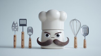 Cartoon chef figurine with kitchen utensils