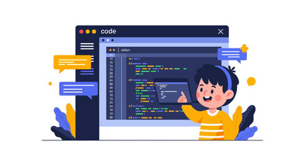 Boy learning coding a young programmer develops software on his computer illustrating early education and future technology careers.