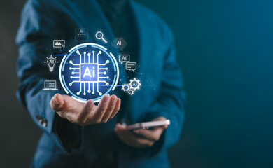 ai tech, businesswoman show virtual graphic global internet connect robot chat with ai, artificial i