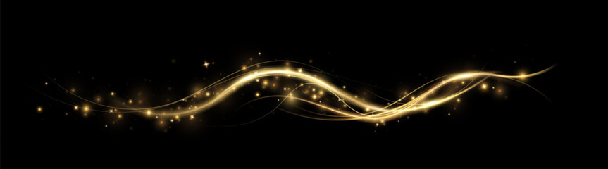 Wall Mural - Magic golden wind png festive isolated on transparent background. Golden comet with sparkling stars and dust. Powder dust light . Magic shining gold dust.