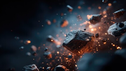 Dark space, fiery rocks exploding