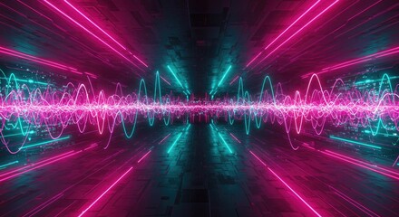 Wall Mural - Cyberpunk Tunnel with Oscillating Waves and Neon Lights, Futuristic Abstract Design