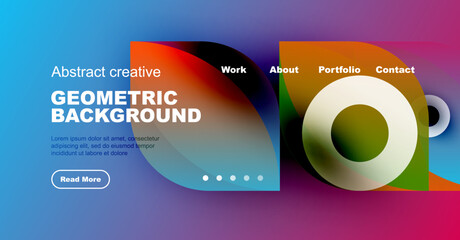 Modern website header design. Vibrant colors, geometric shapes, text elements present. Clean layout for digital presentation.