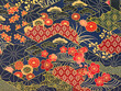 © TMR Studio - Close up of Japanese theme floral art graphic illustration printed on wallpaper or fabric. In red, blue, gold, orange, and green color. Oriental east asian ethnic illustration. Seamless background