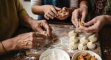 Hands making traditional Indian dumplings, top view