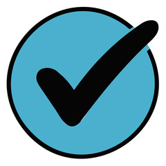 Blue circle with a black check mark graphic design element.