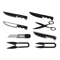 An isolated vector set of kitchen knives with black handles and sharp metal blades
