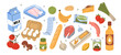 © Irina Strelnikova - Grocery products in supermarket packages. Fruits and vegetables, eggs, meat, fish, baguette, pasta and other groceries, goods, processed and fresh food. Healthy eating concept. Vector illustration.