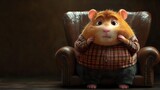 Cartoon hamster character wearing plaid shirt and pants sitting in vintage leather armchair against dark background, showing surprised expression.