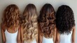 © Undersea - Women with different hair types and textures standing in row showing diverse natural curls, waves and colors from blonde to dark brown, wearing white tops, back view.