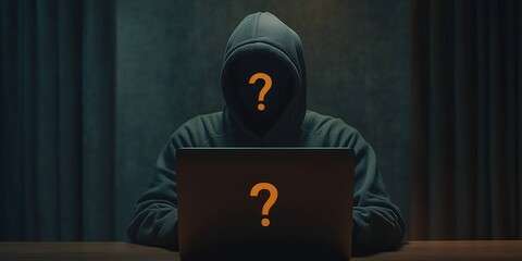 Hacker working on laptop question mark face pose cyber security technology digital concept advertisement mock up ai generated art