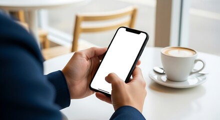 Close-up of hands holding a smartphone with a blank white screen on a cafe table beside a coffee cup. Perfect for app UI/UX mockups, website designs, or mobile content display.
