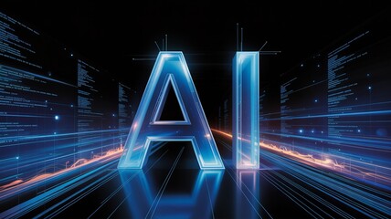 Luminous AI lettering glows amidst futuristic data streams and code displays on a dark digital background