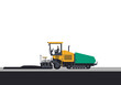 © FRIDA STORE - A yellow  green asphalt paver machine laying black asphalt on a grey surface Driver visible in the cab