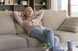 © fizkes - Lazy day indoors. Calm serene elderly lady recline on large cozy couch enjoy pause for tranquil daytime rest in peaceful home interior keep eyes closed relax breath cool fresh air satisfied with life
