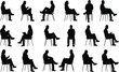 © MOSABBIR - People sitting on chair silhouette vector set, black seated pose clipart, reading and thinking icons, human figure illustration, editable design asset, casual posture graphic, indoor activity symbol,