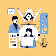 Wall Mural - graphic web design concept for modern website design. people creating wireframe layouts, coding on p