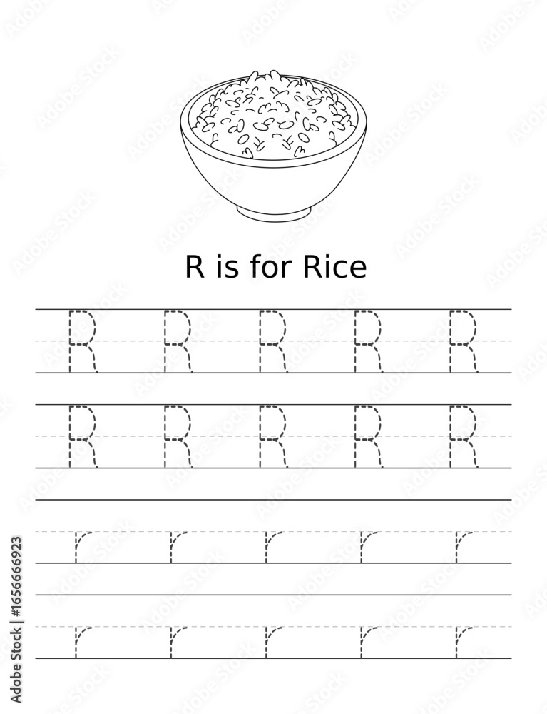 Preschool Alphabet Tracing Worksheet: R is for Rice, Simple Line Art ...