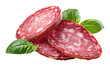 ©  CozyVisionary - Sliced salami with fresh basil food isolated on transparent background